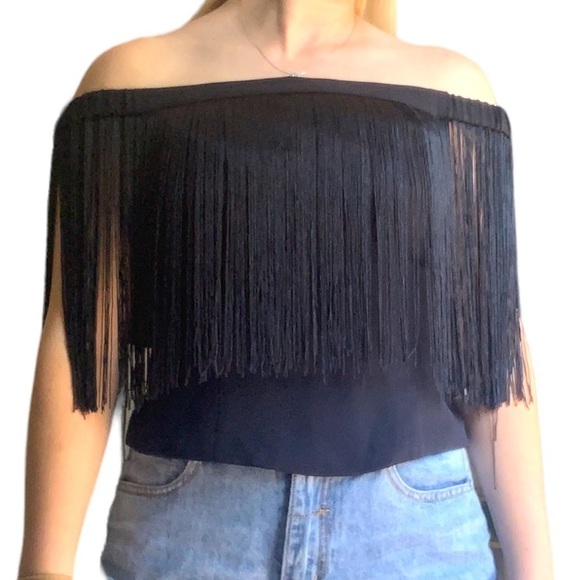 NWT Amanda Uprichard Black Tassel Fringe Off the Shoulder Top Size Small - Picture 1 of 7